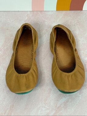Tieks Leather Ballet Flats in Camel Brown with Teal Sole